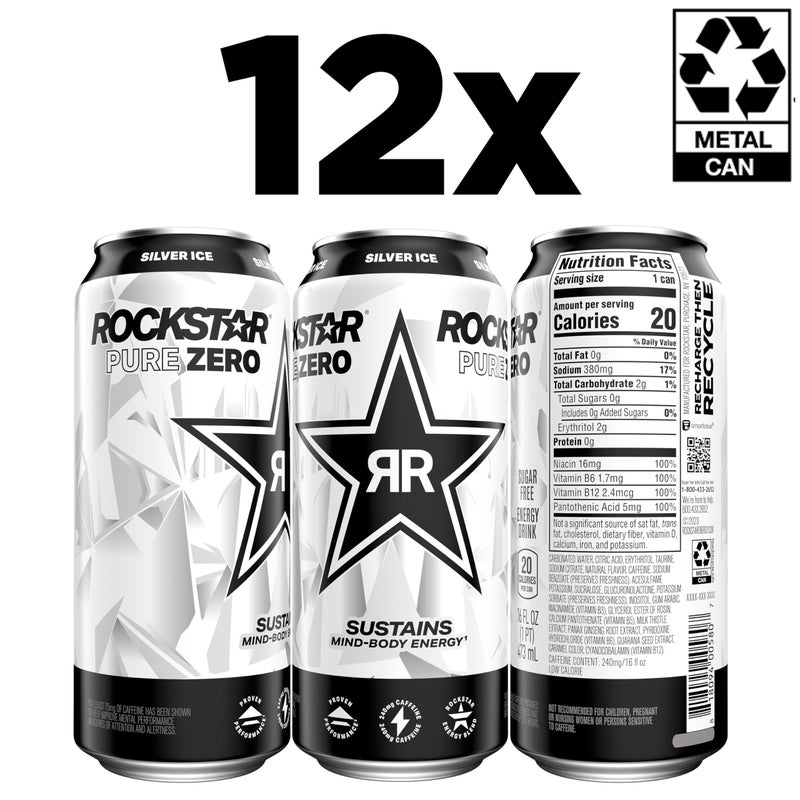 Rockstar Pure Zero Energy Drink, Silver Ice, 0 Sugar, with Caffeine and Taurine, 16oz Cans (Pack of 12) (Packaging May Vary) - Image 2